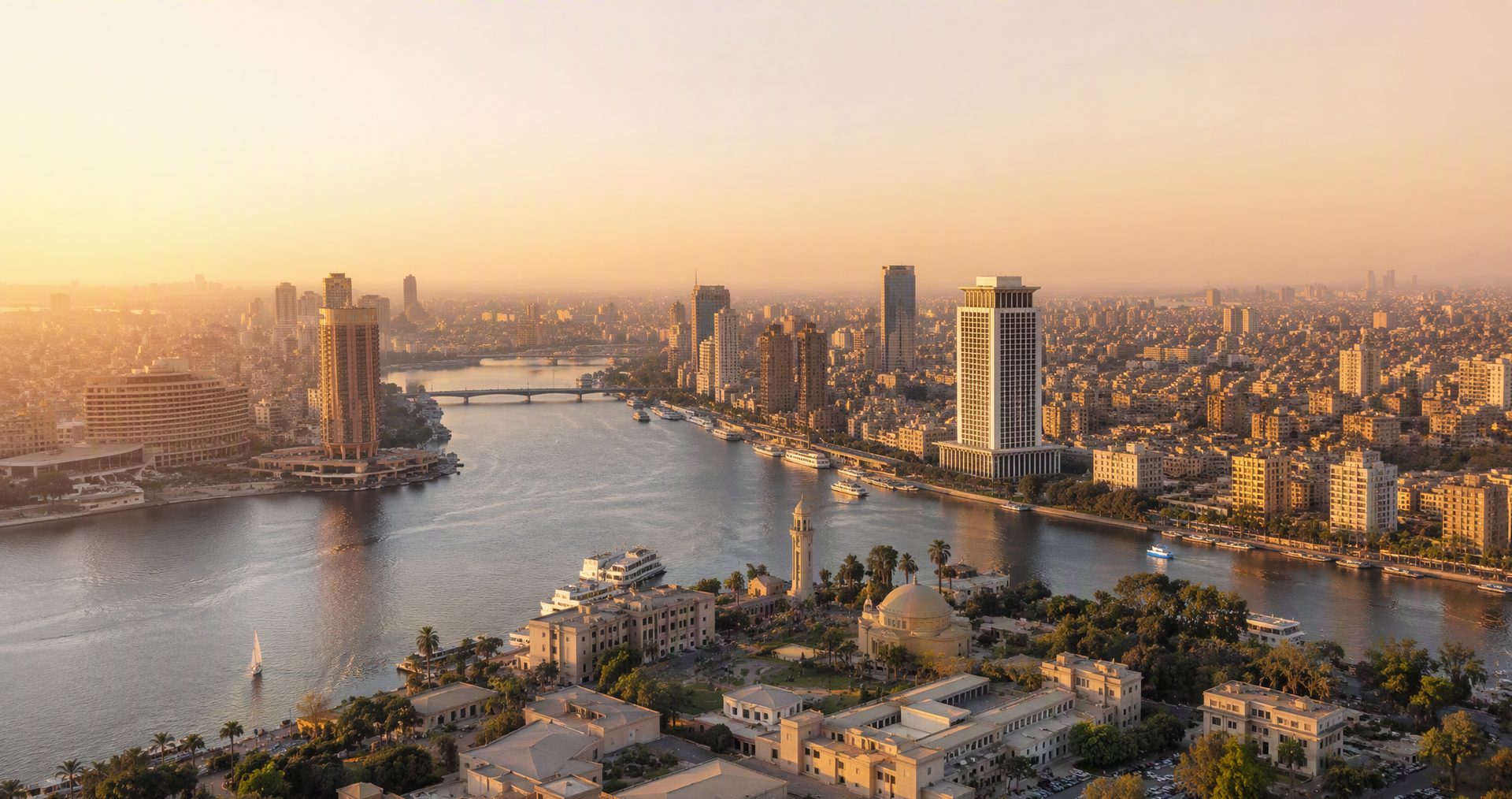 Cairo skyline across the Nile at golden hour