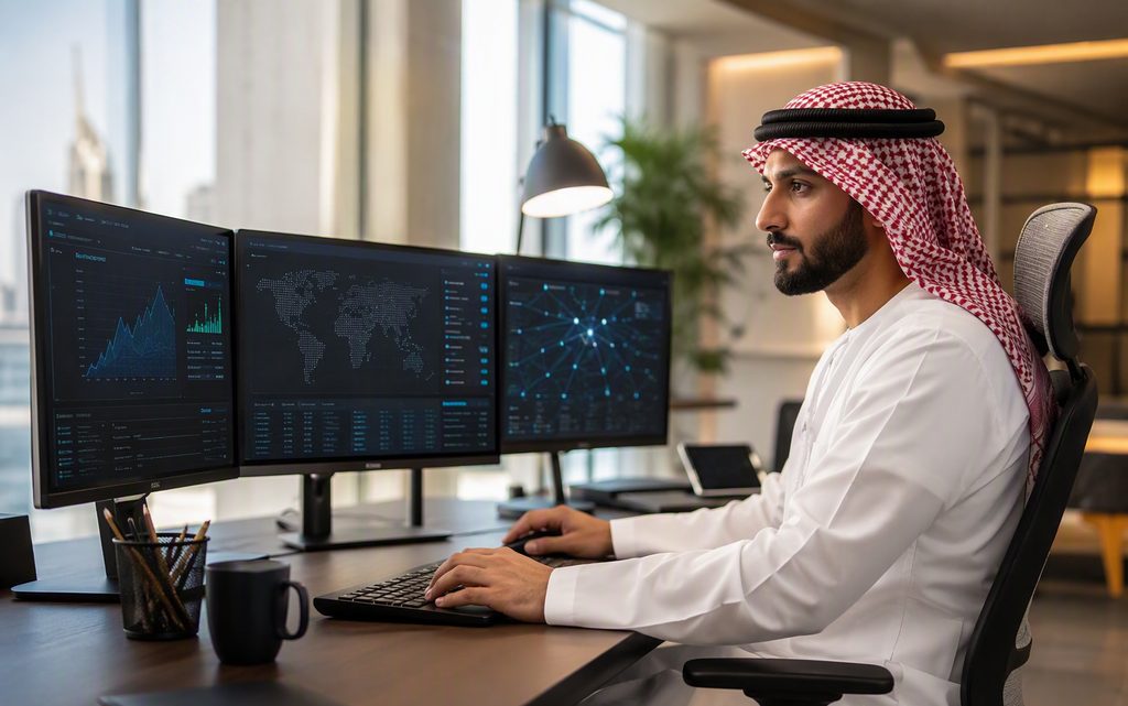 Operations dashboards inside a modern technology office