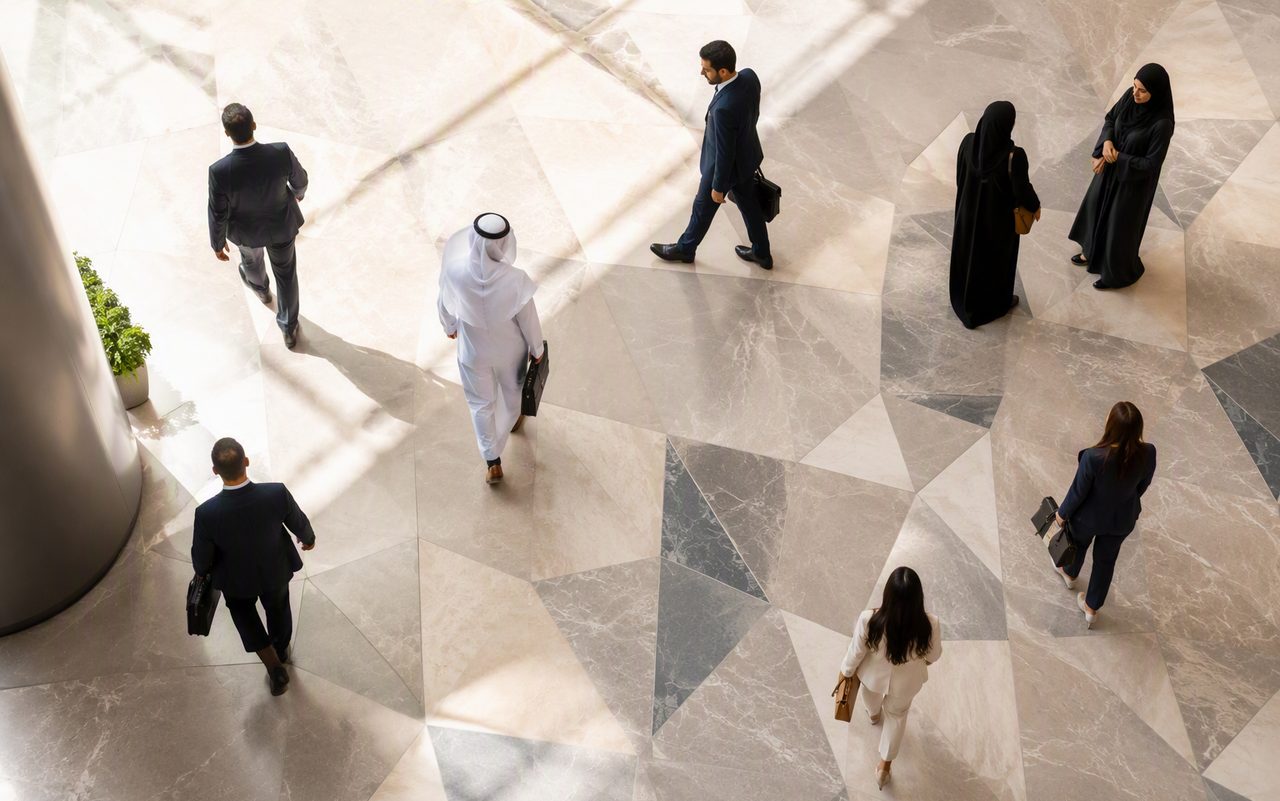 Professionals crossing a bright modern atrium
