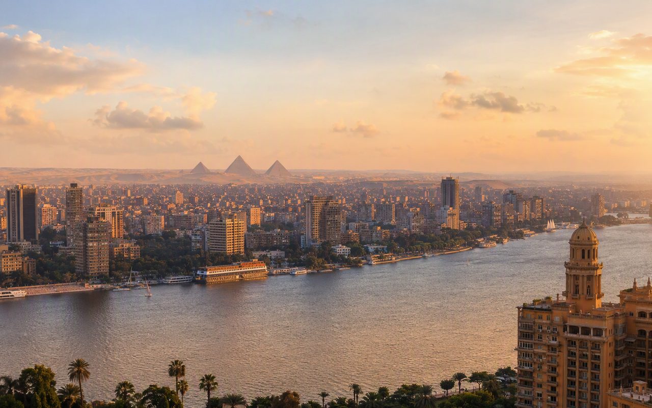Cairo panorama with the Nile and distant pyramids